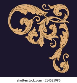 Gold vintage baroque corner ornament retro pattern antique style acanthus. Decorative design element filigree calligraphy vector. You can use for wedding decoration of greeting card and laser cutting.