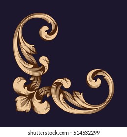 Gold vintage baroque corner ornament retro pattern antique style acanthus. Decorative design element filigree calligraphy vector. You can use for wedding decoration of greeting card and laser cutting.