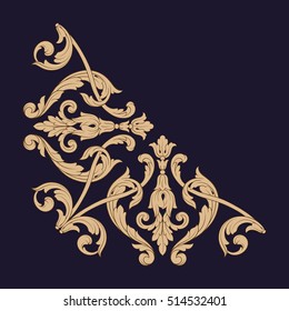 Gold vintage baroque corner ornament retro pattern antique style acanthus. Decorative design element filigree calligraphy vector. You can use for wedding decoration of greeting card and laser cutting.