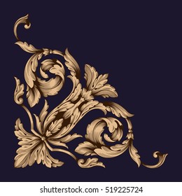 Gold vintage baroque corner ornament retro pattern antique style acanthus. Decorative design element filigree calligraphy vector. You can use for wedding decoration of greeting card and laser cutting.