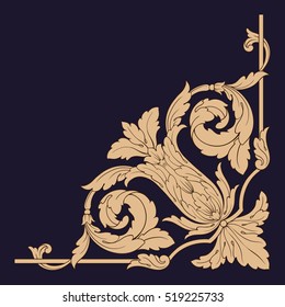 Gold vintage baroque corner ornament retro pattern antique style acanthus. Decorative design element filigree calligraphy vector. You can use for wedding decoration of greeting card and laser cutting.