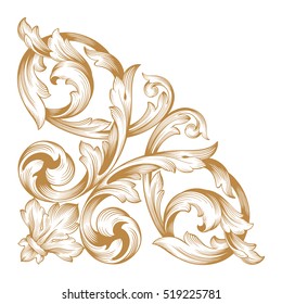 Gold vintage baroque corner ornament retro pattern antique style acanthus. Decorative design element filigree calligraphy vector. You can use for wedding decoration of greeting card and laser cutting.