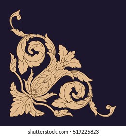 Gold vintage baroque corner ornament retro pattern antique style acanthus. Decorative design element filigree calligraphy vector. You can use for wedding decoration of greeting card and laser cutting.