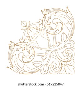 Gold vintage baroque corner ornament retro pattern antique style acanthus. Decorative design element filigree calligraphy vector. You can use for wedding decoration of greeting card and laser cutting.