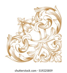 Gold vintage baroque corner ornament retro pattern antique style acanthus. Decorative design element filigree calligraphy vector. You can use for wedding decoration of greeting card and laser cutting.