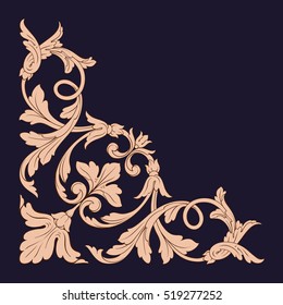 Gold vintage baroque corner ornament retro pattern antique style acanthus. Decorative design element filigree calligraphy vector. You can use for wedding decoration of greeting card and laser cutting.