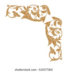 Gold vintage baroque corner ornament retro pattern antique style acanthus. Decorative design element filigree calligraphy vector. You can use for wedding decoration of greeting card and laser cutting.