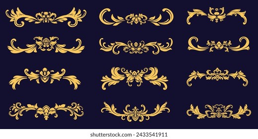 Gold Vintage border calligraphic, Classic ornament frame, elegant ornamental divider and frames, Swirl, flourish, victorian, damask, arabesque, filigree floral element collection vector illustration