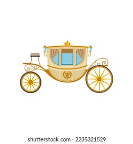 Gold vintage cart for queen or king vector illustration. Drawing of retro carriage for princess or royals without horses on white background. Antique, transportation, history concept