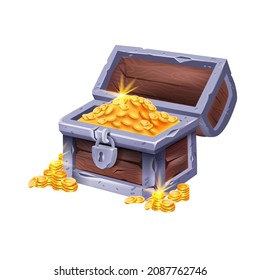 Gold vintage chest, vector game treasure icon, shiny coin pile, pirate open full wooden trunk, iron lock. UI ancient corsair glow box, wealth concept, abundance win success badge. Gold chest clipart