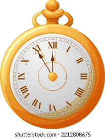 Gold vintage clock for New Year and Christmas, clock shows five minutes to twelve