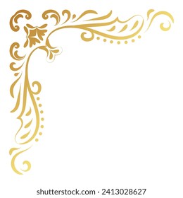 Gold vintage corner and frame filigree. Retro swirl divider pattern ornament vector with classic style. Element design calligraphy. Decoration for frame, greeting card, invitation, menu, certificate.