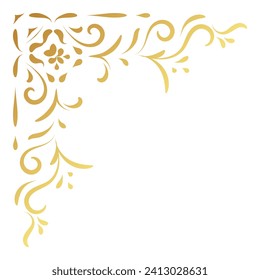 Gold vintage corner and frame filigree. Retro swirl divider pattern ornament vector with classic style. Element design calligraphy. Decoration for frame, greeting card, invitation, menu, certificate.