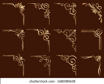 Gold Vintage Corner Frames Set Isolated On A Dark Background. Vector Illustration.