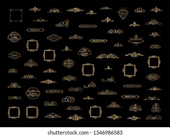 Gold Vintage decor elements and wicker lines in vector. Decoration of logo, page, wedding album or restaurant menu in huge set on a black backdrop. Flourish old design signs and classic style motifs