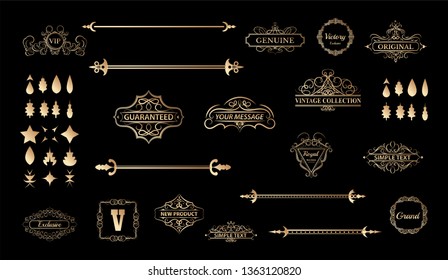 Gold Vintage decor elements and wicker lines in vector. Decoration of logo, page, wedding album or restaurant menu in huge set on a black backdrop. Flourish old design signs and classic style motifs