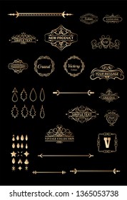 Gold Vintage decor elements and wicker lines in vector. Decoration of logo, page, wedding album or restaurant menu in huge set on a black backdrop. Flourish old design signs and classic style motifs