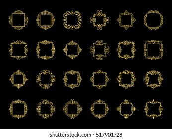 Gold Vintage decor elements and wicker lines in vector. Decoration of logo, page, wedding album or restaurant menu in huge set on a black backdrop. Flourish old design signs and classic style motifs