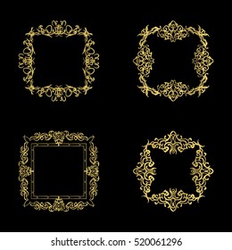 Gold Vintage decor elements and wicker lines in vector. Decoration of logo, page, wedding album or restaurant menu in huge set on a black backdrop. Flourish old design signs and classic style motifs