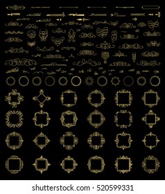 Gold Vintage decor elements and wicker lines in vector. Decoration of logo, page, wedding album or restaurant menu in huge set on a black backdrop. Flourish old design signs and classic style motifs