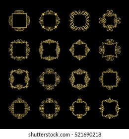 Gold Vintage decor elements and wicker lines in vector. Decoration of logo, page, wedding album or restaurant menu in huge set on a black backdrop. Flourish old design signs and classic style motifs