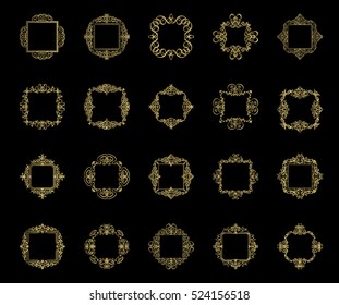 Gold Vintage decor elements and wicker lines in vector. Decoration of logo, page, wedding album or restaurant menu in huge set on a black backdrop. Flourish old design signs and classic style motifs