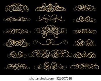 Gold Vintage decor elements and wicker lines in vector. Decoration of logo, page, wedding album or restaurant menu in huge set on a black backdrop. Flourish old design signs and classic style motifs