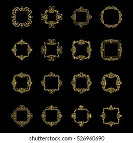 Gold Vintage decor elements and wicker lines in vector. Decoration of logo, page, wedding album or restaurant menu in huge set on a black backdrop. Flourish old design signs and classic style motifs