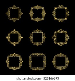 Gold Vintage decor elements and wicker lines in vector. Decoration of logo, page, wedding album or restaurant menu in huge set on a black backdrop. Flourish old design signs and classic style motifs