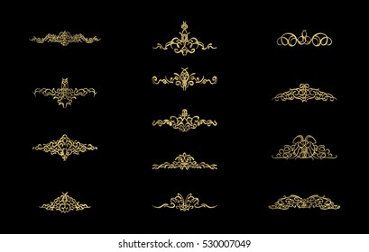 Gold Vintage decor elements and wicker lines in vector. Decoration for  logo, page, wedding album or restaurant menu in huge set on a black backdrop. Flourish old design signs and classic style motifs