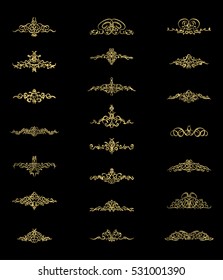 Gold Vintage decor elements and wicker lines in vector. Decoration for  logo, page, wedding album or restaurant menu in huge set on a black backdrop. Flourish old design signs and classic style motifs