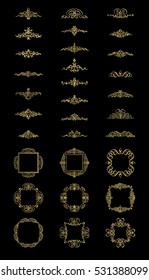 Gold Vintage decor elements and wicker lines in vector. Decoration of logo, page, wedding album or restaurant menu in huge set on a black backdrop. Flourish old design signs and classic style motifs