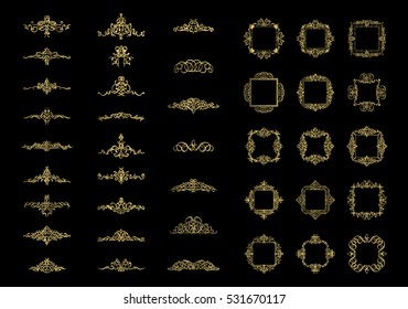 Gold Vintage decor elements and wicker lines in vector. Decoration of logo, page, wedding album or restaurant menu in huge set on a black backdrop. Flourish old design signs and classic style motifs