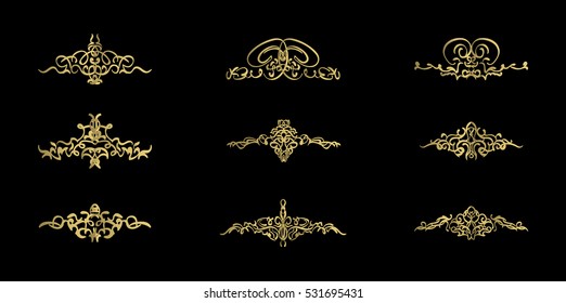 Gold Vintage decor elements and wicker lines in vector. Decoration for  logo, page, wedding album or restaurant menu in huge set on a black backdrop. Flourish old design signs and classic style motifs