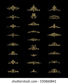 Gold Vintage decor elements and wicker lines in vector. Decoration for  logo, page, wedding album or restaurant menu in huge set on a black backdrop. Flourish old design signs and classic style motifs