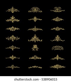 Gold Vintage decor elements and wicker lines in vector. Decoration for  logo, page, wedding album or restaurant menu in huge set on a black backdrop. Flourish old design signs and classic style motifs