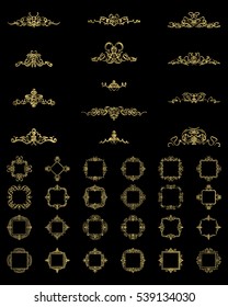 Gold Vintage decor elements and wicker lines in vector. Decoration for  logo, page, wedding album or restaurant menu in huge set on a black backdrop. Flourish old design signs and classic style motifs