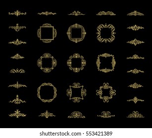 Gold Vintage decor elements and wicker lines in vector. Decoration of logo, page, wedding album or restaurant menu in huge set on a black backdrop. Flourish old design signs and classic style motifs