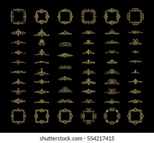 Gold Vintage decor elements and wicker lines in vector. Decoration of logo, page, wedding album or restaurant menu in huge set on a black backdrop. Flourish old design signs and classic style motifs