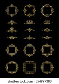 Gold Vintage decor elements and wicker lines in vector. Decoration of logo, page, wedding album or restaurant menu in huge set on a black backdrop. Flourish old design signs and classic style motifs
