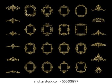 Gold Vintage decor elements and wicker lines in vector. Decoration of logo, page, wedding album or restaurant menu in huge set on a black backdrop. Flourish old design signs and classic style motifs