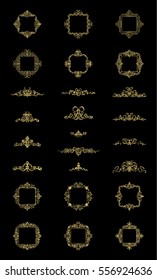 Gold Vintage decor elements and wicker lines in vector. Decoration of logo, page, wedding album or restaurant menu in huge set on a black backdrop. Flourish old design signs and classic style motifs