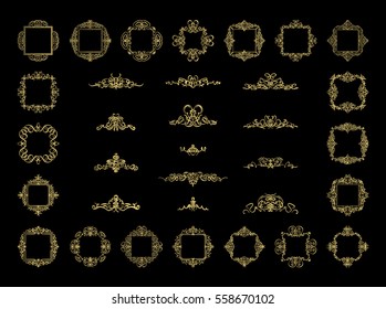 Gold Vintage decor elements and wicker lines in vector. Decoration of logo, page, wedding album or restaurant menu in huge set on a black backdrop. Flourish old design signs and classic style motifs