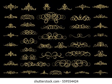 Gold Vintage decor elements and wicker lines in vector. Decoration of logo, page, wedding album or restaurant menu in huge set on a black backdrop. Flourish old design signs and classic style motifs