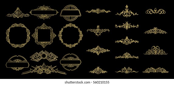 Gold Vintage decor elements and wicker lines in vector. Decoration of logo, page, wedding album or restaurant menu in huge set on a black backdrop. Flourish old design signs and classic style motifs