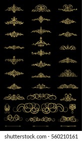 Gold Vintage decor elements and wicker lines in vector. Decoration of logo, page, wedding album or restaurant menu in huge set on a black backdrop. Flourish old design signs and classic style motifs