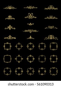 Gold Vintage decor elements and wicker lines in vector. Decoration of logo, page, wedding album or restaurant menu in huge set on a black backdrop. Flourish old design signs and classic style motifs