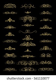 Gold Vintage decor elements and wicker lines in vector. Decoration of logo, page, wedding album or restaurant menu in huge set on a black backdrop. Flourish old design signs and classic style motifs