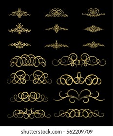 Gold Vintage decor elements and wicker lines in vector. Decoration of logo, page, wedding album or restaurant menu in huge set on a black backdrop. Flourish old design signs and classic style motifs