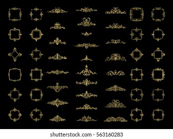 Gold Vintage decor elements and wicker lines in vector. Decoration of logo, page, wedding album or restaurant menu in huge set on a black backdrop. Flourish old design signs and classic style motifs